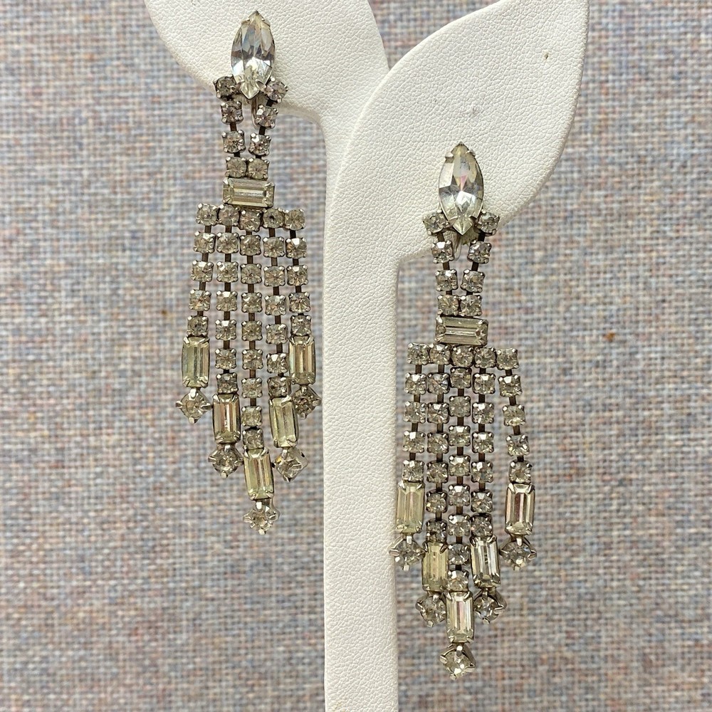 Vintage Rhinestone Clip On Earrings 3″ Drop 5 Strands Screw Back Old Money