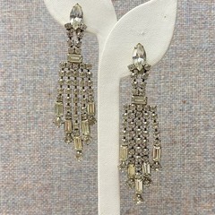 Vintage Rhinestone Clip On Earrings 3″ Drop 5 Strands Screw Back Old Money