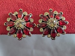 Monet Signed Red Rhinestone Clip On Earrings Gold Tone Marquise Cluster Vintage
