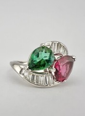 Antique Platinum Hot Pink & Green Tourmaline & Baguette Diamond Moi et Toi Ring
