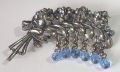 Vintage Pot Metal Floral Spray Brooch w/ Blue Rhinestones & Blue Dangling Beads