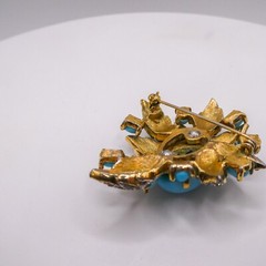 Jomaz Mazer Blue & White Rhinestone Gold Flower 2″ Brooch Pin Signed HTF