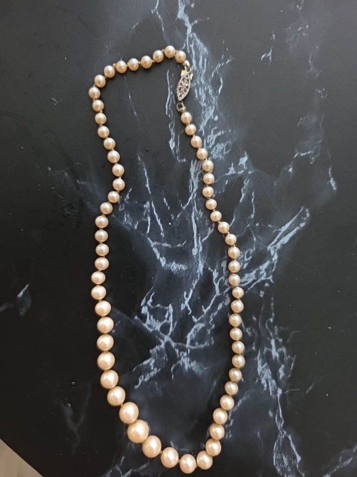 ​Vintage Sterling Silver Clasp Faux Pearl Strand Necklace Hand Knotted 18