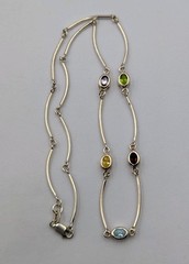 Vtg Sterling Silver Lab Created Gemstones Curved Tube Links 925 Necklace – 17.5″