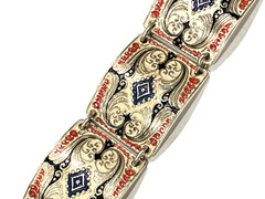 WEST GERMANY RED WHITE BLUE ENAMEL SILVER PANEL LINK 8″ BRACELET VINTAGE EUC