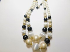 Double Strand Off White Black Faux Pearl Satin Beaded Necklace Japan Vintage