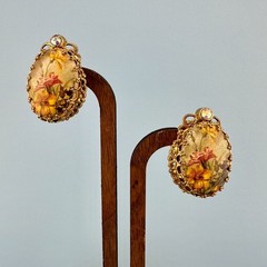 Vintage West Germany Clip On Earrings Gold Tone Filigree Floral Decal Rhinestone