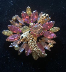 Vintage Pink Yellow Lavender Rhinestone Gold Tone Filigree Accents Brooch Unique