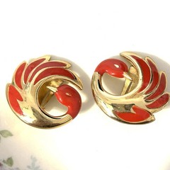 Vintage Oréna Paris Red Enamel Bird Earrings Gold Tone Signed France Phoenix