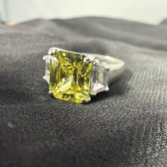 Vtg Y2K 925 Silver Emerald Cut Ring Sz 6.25 CZ Trilogy Yellow Stone Glam