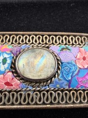 Vintage Sterling Silver Barrette with Polymer Clay Millefiori & Moonstone