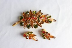 Vintage Juliana D&E Amber Topaz Rhinestone Feather Brooch And Earrings
