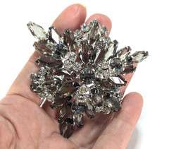 1950s Juliana D&E Book Piece Brooch Earrings Set Smoky Gray Coffin Navette 3″