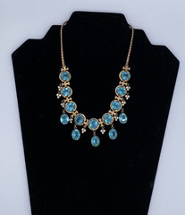 Stunning Vintage Aqua Blue Crystal Bib Necklace Gold Tone Art Deco