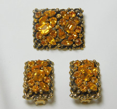VINTAGE BARCLAY JEWELS OF INDIA GOLDEN AMBER RHINESTONES BROOCH & EARRINGS