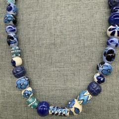 Vintage Artisan Necklace Ceramic Hand Painted Beads Blue White Floral 30 Inches