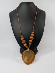 Vintage Carnelian Agate Slab Pendant Necklace Wood Bead Leather Cord 22″ Boho