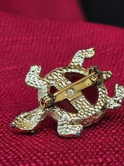 Vintage Unique Gold Toned Red Shell Green Eyed Turtle Pin Brooch
