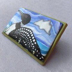 Paper Moon Polymer Clay Loon Brooch Hand Painted Maine Folk Art Nature Pin