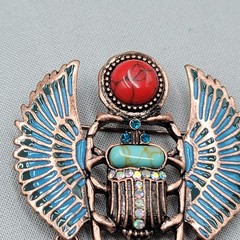 Egyptian Revival Scarab Brooch Copper tone Dangel Chains