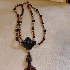 Vintage Beaded Statement Necklace Brown Black Glass Metal Tassel Pendant