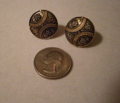 Vintage Damascene Gold Silver Black Domed Round Screw Back Earrings