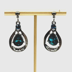 Blue Glass Water Droplet Drop Dangle Silver Tone Sparkly Fancy Pierced Earrings