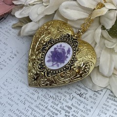 Gold Heart Locket Birthday Anniversary Wedding Purple White Rose Cameo Necklace