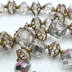 Vintage Clear Crystal Faceted Beaded Necklace Gold Tone Filigree Caps 29 In