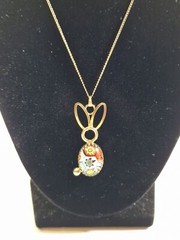 Vintage 12K GF Millefiori Art Glass EASTER Bunny Pendant 17” Necklace, marked OX