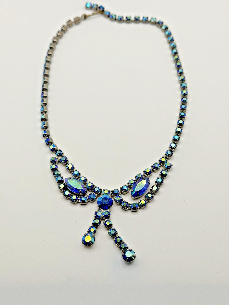BLUE CRYSTAL RHINESTONE BOW Y-DROP STATEMENT NECKLACE 16IN WOMENS HOOK CLASP