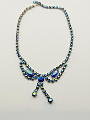 BLUE CRYSTAL RHINESTONE BOW Y-DROP STATEMENT NECKLACE 16IN WOMENS HOOK CLASP