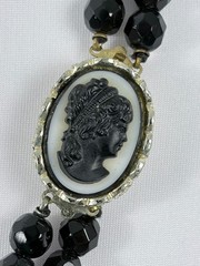 Black Glass Beaded Necklace Double Strand Cameo Clasp Art Deco French Jet Vtg