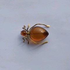 Vintage Russian USSR Baltic Amber Ant Bug Brooch Pin Gold Tone Spider Signed