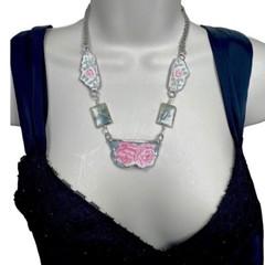 Hand Crafted Antique Roses Broken Lynns Bone China Necklace With Prehnite Stones