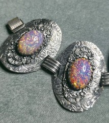 Vintage Sterling Silver Faux Fire Opal Panel Bracelet Ornate Floral Engraved