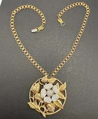 Vintage Book Chain Pendant Rhinestone Flower Necklace 17” C41