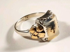 ANTIQUE OSTBY BARTON STERLING & 14K YELLOW GOLD MOSS AGATE SIZE 7.5 RING 3.1g