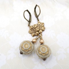Gold Flower Dangle Earrings: Vintage Style Acrylic Pearl Bead Handmade Jewelry