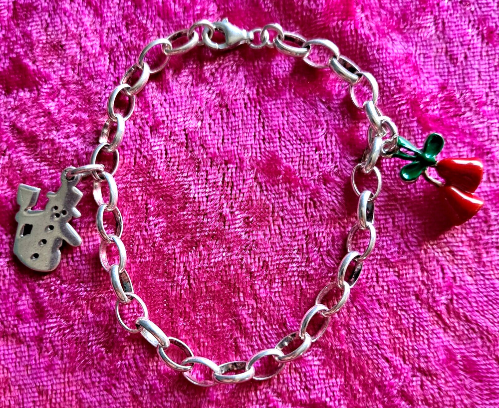 Vint Sterling Silver Starter Charm Bracelet With 2 Christmas Charms 7″ Inches
