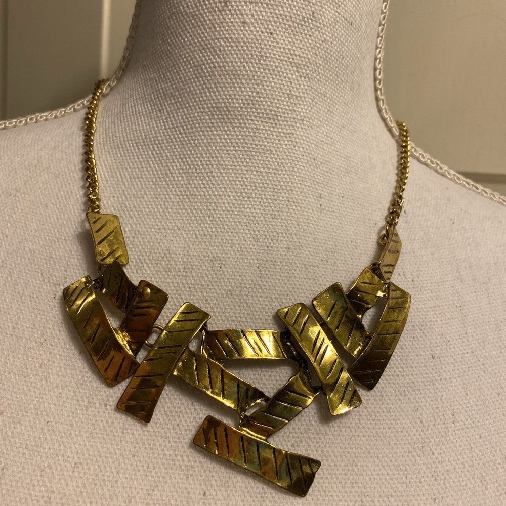 Vintage Metal Bark Antique Gold Tone Modern Geometric Bib Statement Necklace