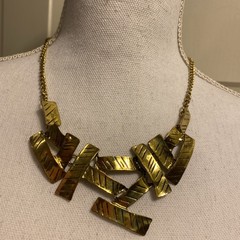 Vintage Metal Bark Antique Gold Tone Modern Geometric Bib Statement Necklace