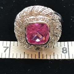 Vintage Signed LL 925 Sterling Silver Pink Topaz Cubic Zirconia Ring sz 7