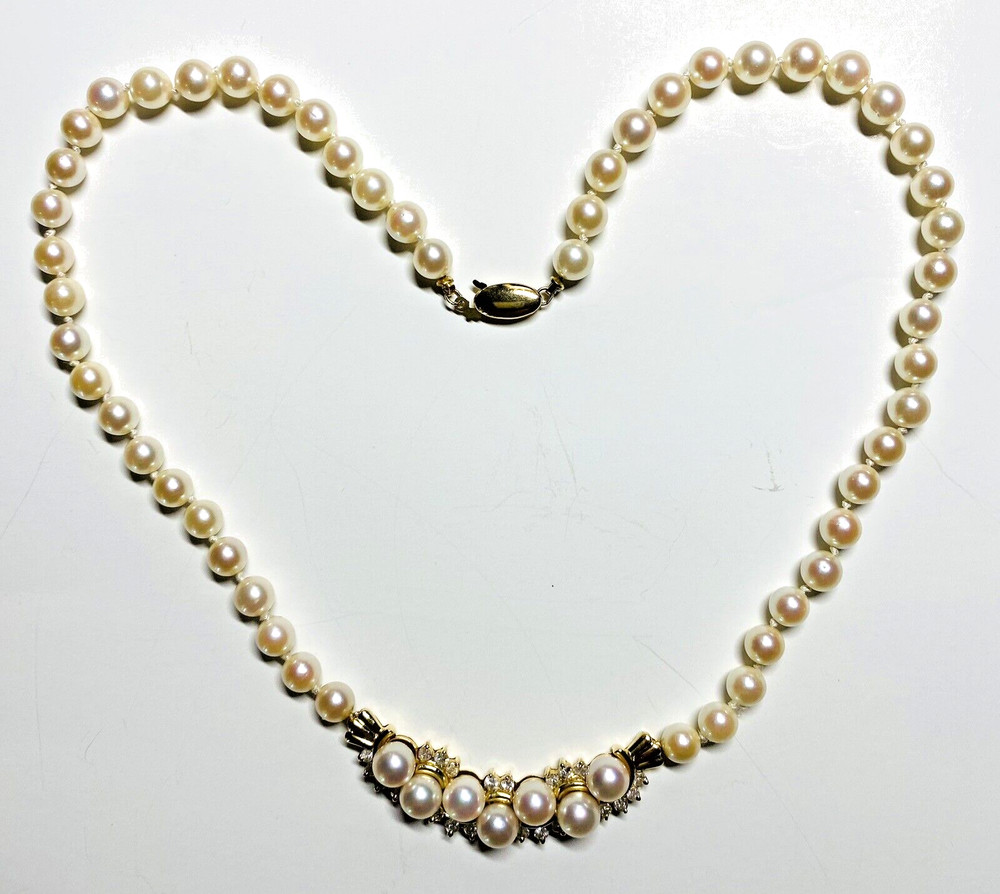 14k Yellow Gold 6.5mm pearl strand and Diamond 1.00ct Necklace 17-1/2″ Long