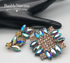 Vintage AB Iridescent Peacock Blue/Green Stones&Brown Square Pin&Earrings Set