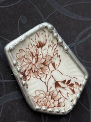 Broken China Jewelry Brown English transferware 1890’s Butter Dish pendant Pin