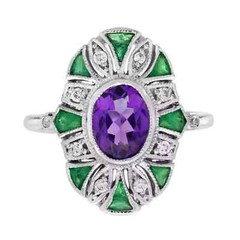 Art Deco Style Lab Created Diamond Amethyst Emerald Ring 14k White Gold Finish