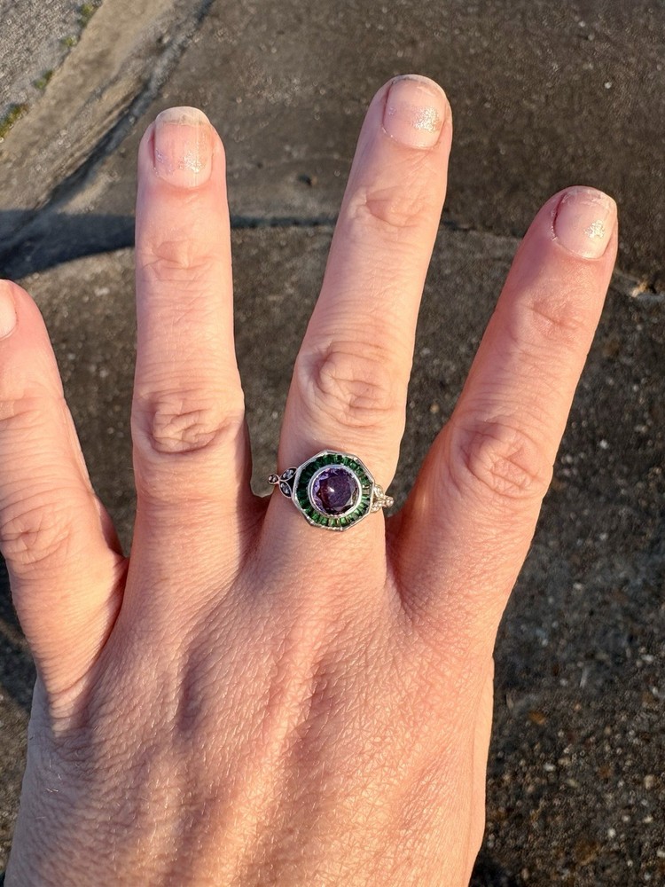 Art Deco Round Amethyst Lab Created Diamond Wedding 14Ct White Gold Finish Ring