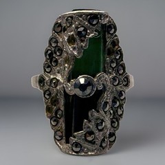 Vintage Onyx Jade Marcasite Art Deco Sterling Silver Ring Size 5.25 5.52 Grams