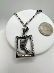 VTG Silver Egyptian Revival Goddess Necklace Blue Glass/stone Bead Unsigned Read